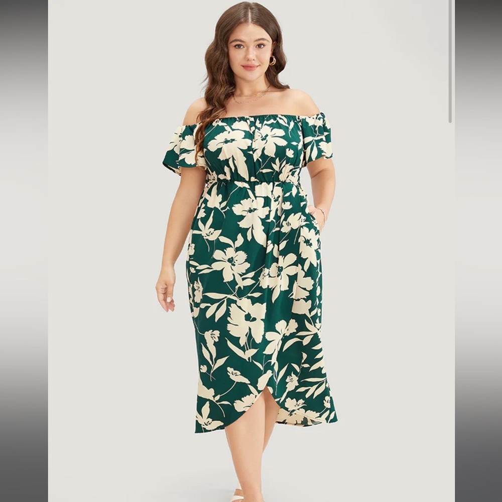 Off-Shoulder Green Floral Midi Dress - Brand: